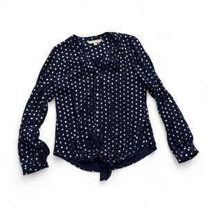 Hope & Harlow Metallic Polka Dot Tie Front Blouse Sz S Navy Y2K Retro Chic
